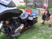 Harley sneaker Pedal Pump during Covid. Can she drive a motorcycle? Hey! that's my motorcycle!!!!! 1/16