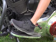 Harley sneaker Pedal Pump during Covid. Can she drive a motorcycle? Hey! that's my motorcycle!!!!! 4/16