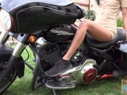 Harley sneaker Pedal Pump during Covid. Can she drive a motorcycle? Hey! that's my motorcycle!!!!! 5/16