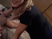 Wife catches me stroking my cock and helps me cum in her mouth 