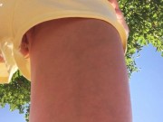 18 year old teen girl in short shorts without panties. camera in the Park. Close up 6/16
