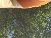 18 year old teen girl in short shorts without panties. camera in the Park. Close up 9/16