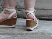 Voyeur spies on plump legs in open sandals outdoors  Foot fetish and ASMR 14/16