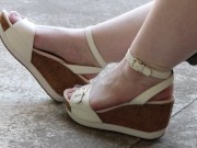 Voyeur spies on plump legs in open sandals outdoors  Foot fetish and ASMR 3/16