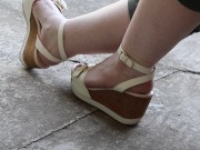 Voyeur spies on plump legs in open sandals outdoors  Foot fetish and ASMR 4/16