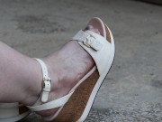 Voyeur spies on plump legs in open sandals outdoors  Foot fetish and ASMR 7/16