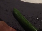 Fucking my tiny pussy with a huge cucumber and squirting everywhere while wearing ripped pantyhose 15/16