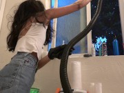 Bombshell Desi Girl Vacuuming the Bathroom in Crop Top and Jeans 11/16