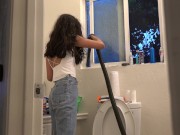 Bombshell Desi Girl Vacuuming the Bathroom in Crop Top and Jeans 12/16
