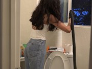 Bombshell Desi Girl Vacuuming the Bathroom in Crop Top and Jeans 14/16