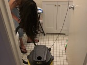 Bombshell Desi Girl Vacuuming the Bathroom in Crop Top and Jeans 6/16