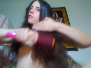 Foreign Object Insertion! Hairy Pink Pussy Camgirl Brushes Long Hair with Brush THEN PUTS IN VAGINA 2/16