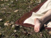 Naked wife Milf masturbates by river in nature. Strong orgasm naked woman Hairy pussy blonde closeup 14/16