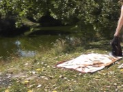 Naked wife Milf masturbates by river in nature. Strong orgasm naked woman Hairy pussy blonde closeup 3/16