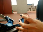 I find my neighbor on the terrace and she gives me a big handjob until I explode it in semen. 7/16