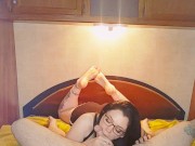 Nerdy babe gives cumshot and shows feet 6/16
