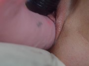 Tight teen smashes pussy to destruction with huge giant dildo cock, gape, creampie, Squirt 8/16