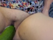 Boyfriend teases and penetrates my pussy with a giant squash from our garden.  15/16