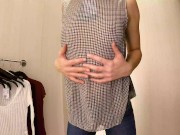 Sexy teen with small tits try-on haul slim blouses, pullovers in dressing room. 11/16
