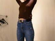 Sexy teen with small tits try-on haul slim blouses, pullovers in dressing room. 16/16