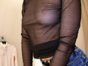 Sexy teen with small tits try-on haul slim blouses, pullovers in dressing room. 2/16
