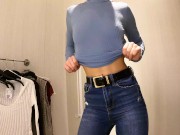 Sexy teen with small tits try-on haul slim blouses, pullovers in dressing room. 8/16
