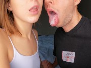 Close-up wild Tongues Slobber and Saliva Kissing with step sister. French kiss 16/16