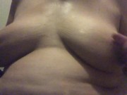 Massaging in strawberry oil on my big soft tits so they smell so good that I have to taste them 4/16