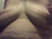 Massaging in strawberry oil on my big soft tits so they smell so good that I have to taste them 5/16