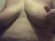 Massaging in strawberry oil on my big soft tits so they smell so good that I have to taste them 8/16