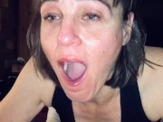 Mature cougar devouring young cock no hands and showing off the load in her mouth 16/16