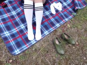 Schoolgirl in white knee socks dress black foot feet fetish under skirt 1/16