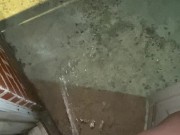 Naughty Slut is too lazy to use the bathroom and opens up the door and pisses outside! 5/16