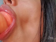 Beautiful brunette shows how to suck a dick with her dildo 15/16