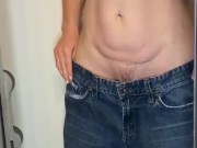 Hot Milf stands in the shower, removes her top, unzips her mans pants she wore and pees standing up 3/16