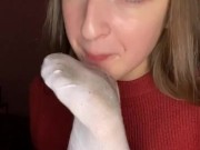 Licking stinky feet. Dirty sock. Drooling 3/16