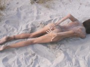 Amateur nudist teen fucks her tight pussy with a huge cucumber on a public beach. Ends with a pee.  8/16