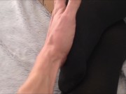 Wife is resting in pantyhose without panties in the bedroom. Cum on feet in pantyhose. 3/16