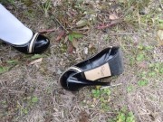 Schoolgirl dangling heels shoes unoform foot fetish white knee socks 15/16