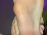 Spits on feet. Saliva drops on soles. 8/16