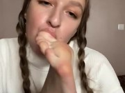 with pigtails self worship. Toes sucking and licking 4/16