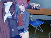 Sayori fucks Monika with a strapon in the club room - Doki Doki Literature Club hentai. 1/16