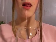 Glass of saliva. Pouring on myself. Spits and drooling 