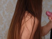 She brushes her hair and gives him a hairjob. He cums on her hair - Taylor and Lisa 16/16