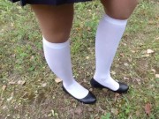 Fetish walk schoolgirl show feet in white knee socks 3/16