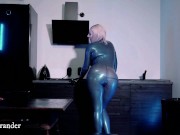 Hot Blonde With Curvy Body Wearing Latex Rubber Catsuit at Home and Teasing You 9/16