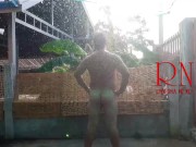 A housekeeper in a collar is tied with a rope to the fence of the yard. 9/16