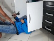 Big-booty brunette seduces the pipe guy and fucks him not to pay him 5/16