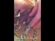 Submissive babe with chains on nipples plays with her holes, cums and squirts on a bathroom floor. 5/16