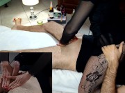 Penis massage with fuck and cumshot. Masseuse sexy ass, high heels. 4K double view fetish 12/16